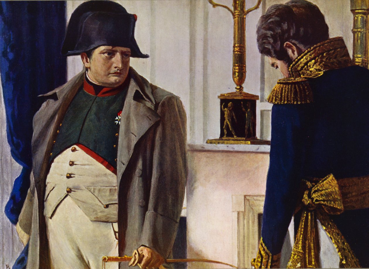 Napoleon Bonaparte og Jacques Lauriston (farge litho) av Vasili Vasilievich Vereshchagin
