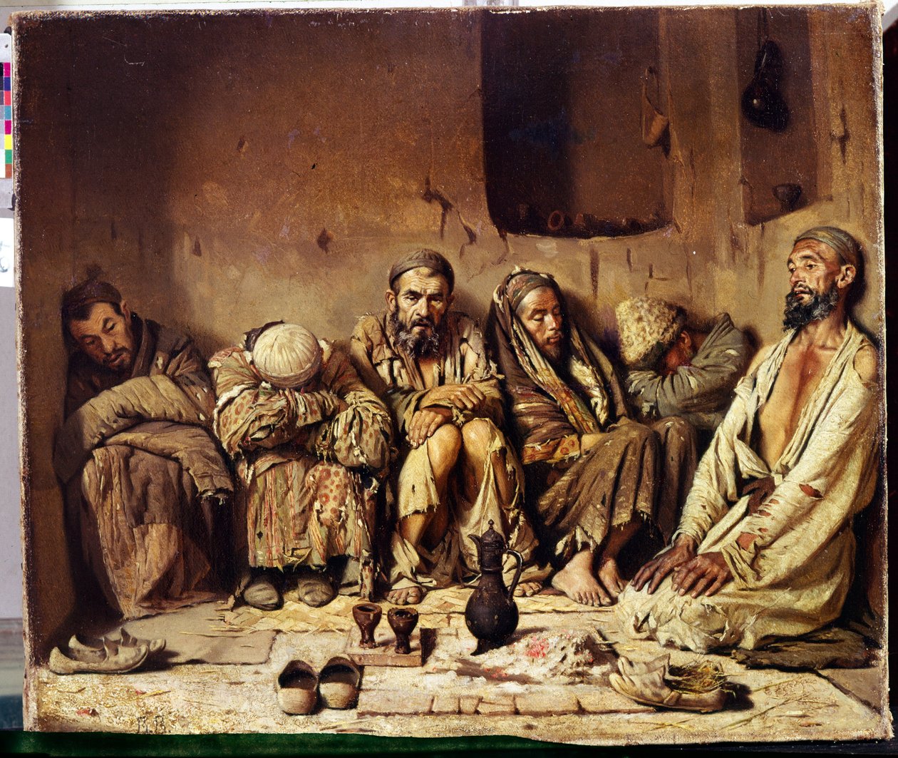 Orientalisme: opiumsrøykere som sitter i en gate i Midtøsten (Opiumsrøykerne). Maleri av Vasili Vasilyevich Vereschagin (Vereshchagin, Vereshchagin) (1842-1904) av Vasili Vasilievich Vereshchagin