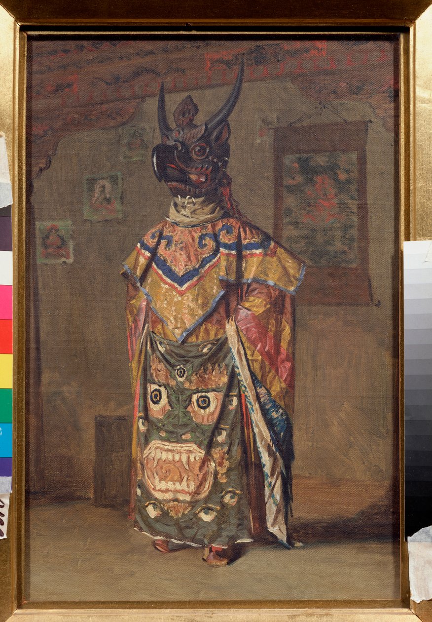 A Lama at a Buddhist Feast in the Rumtek Monastery in Sikkim (India) (Lama at a Buddhist Feast in the Rumtek Monastery in Sikkim) - Maleri av Vasili Vasilyevich Vereshchagin (Vassili Vereshchagin) (1842-1904), olje på lerret av Vasili Vasilievich Vereshchagin