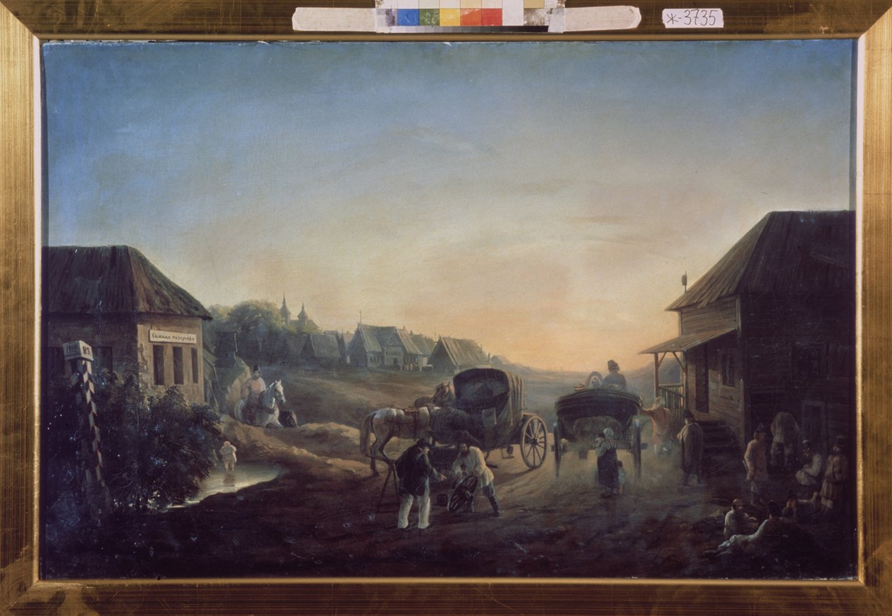 Diligensstasjon. Maleri av Vasili Vasilyevich Samoylov (1813-1887), olje på lerret av Vasili Vasilyevich Samoylov