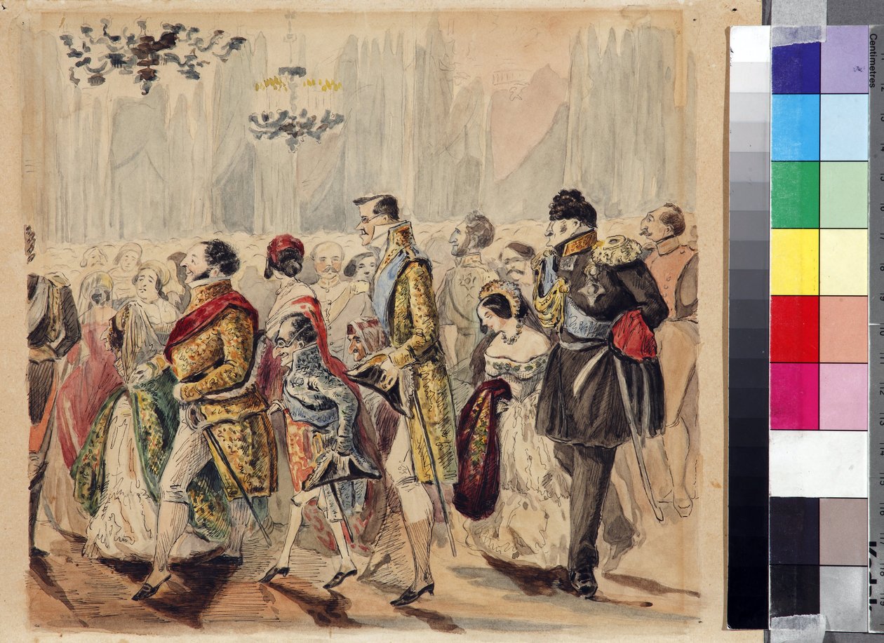 High Society Ball av Baranov, Vasili Venediktovich (1792-1836), første kvartal av 1800-tallet. - Akvarell på papir - State Lermontov Museum Tarkhany av Vasili Venediktovich Baranov