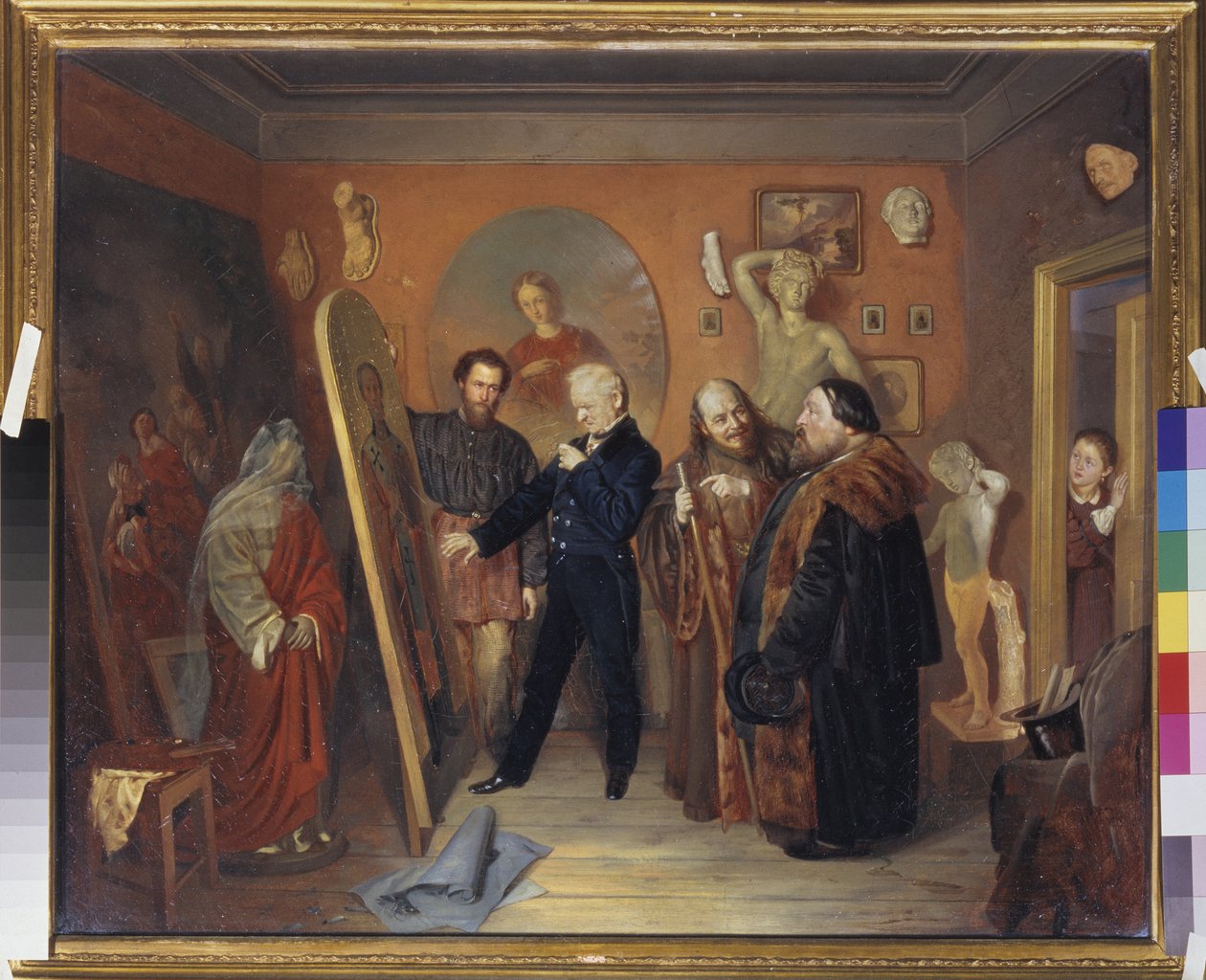 Malerens atelier. En maler viser et av maleriene sine til kunsthandlere. Et barn observerer scenen. Maleri av Vasily Vladimirovich Pukirev (Vassily Pukirev) (1832-1890), olje på lerret av Vasili Vladimirovits Pukirev
