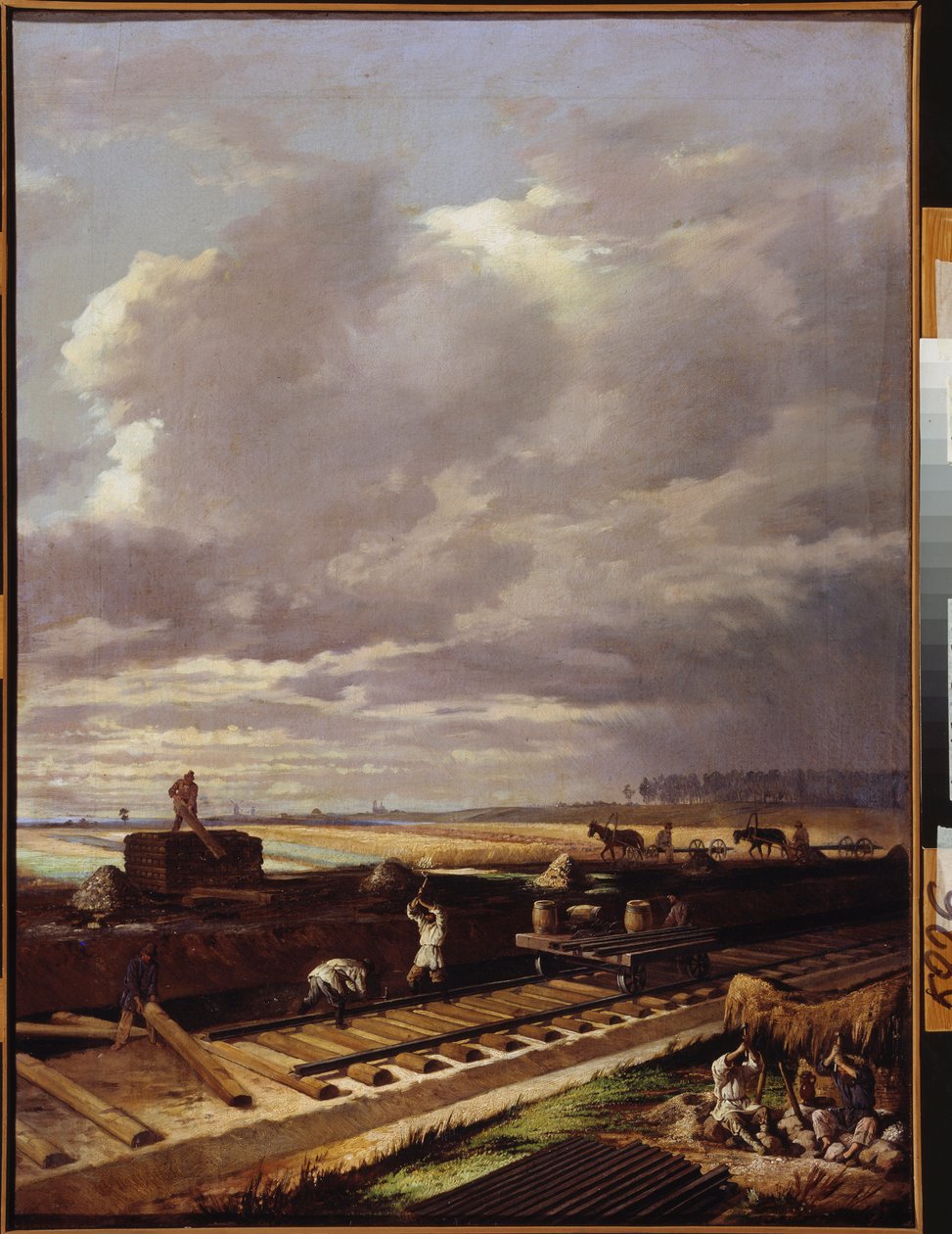 Byggearbeid på en jernbanelinje - Maleri av Vasili Vladimirovich Pukirev (Vassili Poukirev) (1832-1890), olje på lerret av Vasili Vladimirovits Pukirev
