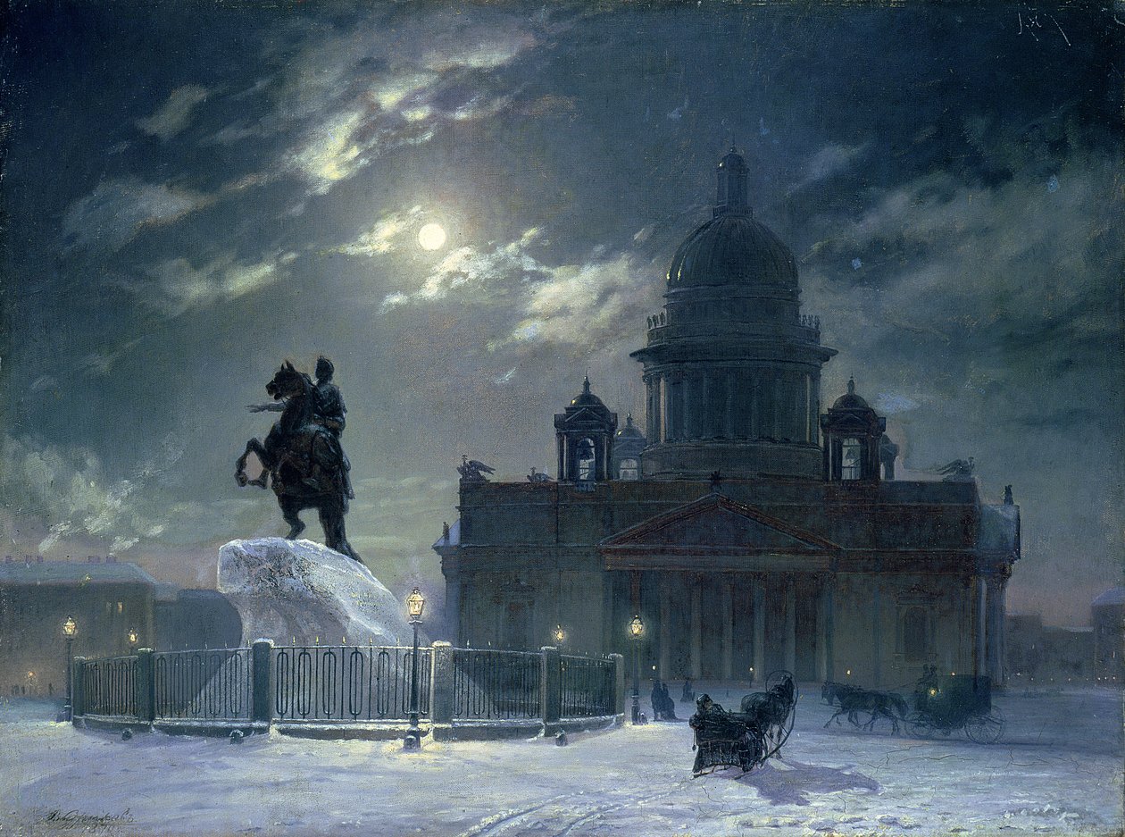 Utsikt over monumentet til Peter den store på Senatsplassen, St. Petersburg, 1870 av Vasilij Ivanovic Surikov