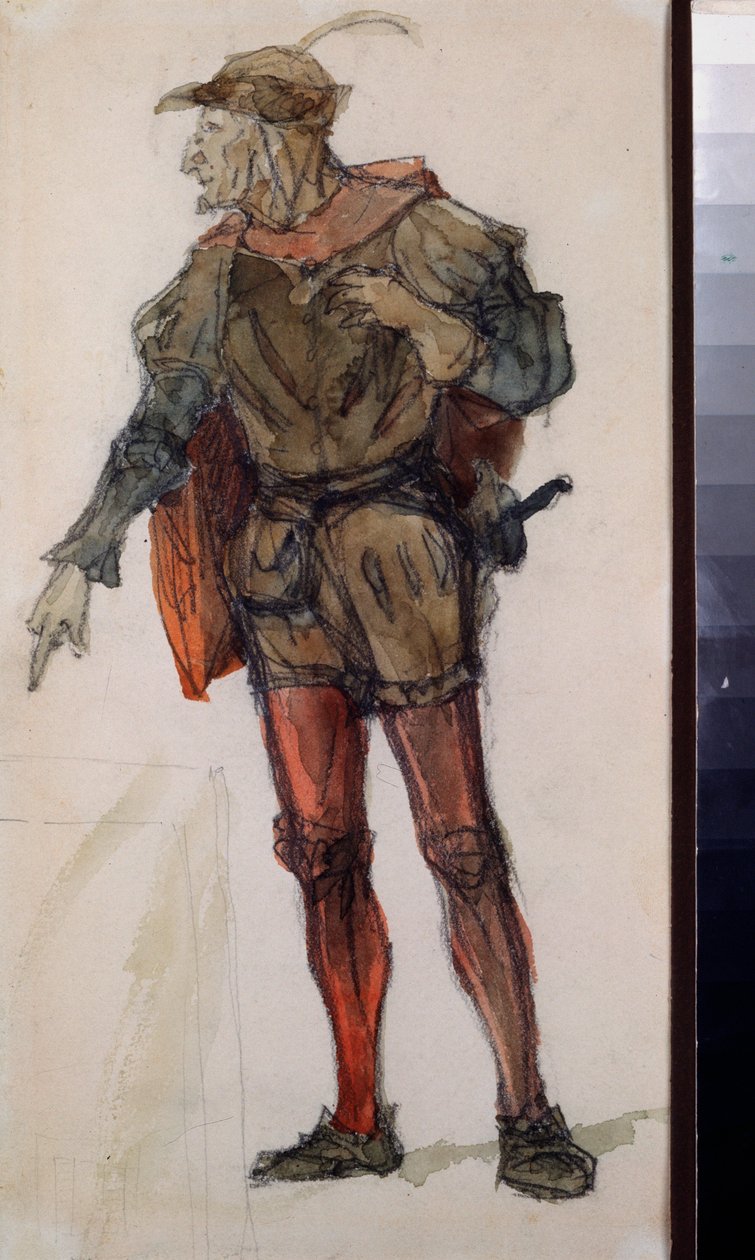 Mannlig kostyme for operaen ""Faust"" av Charles Gounod (1818-1893) - Kostymedesign for operaen Faust av Charles Gounod - Verk av Vasili Dmitrievich Polenov (1844-1927), blyant og akvarell på papir av Vasilij Dmitrievich Polenov