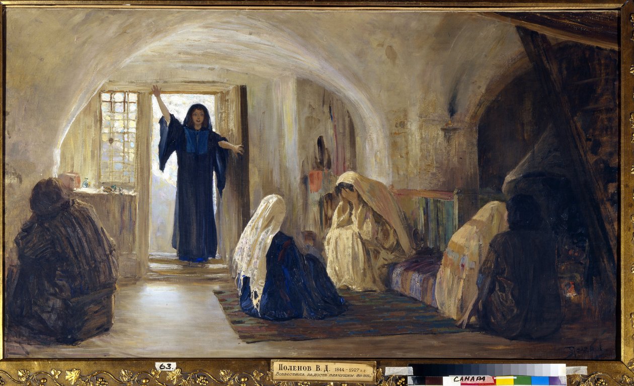 Utløsing av gledestårer (en strålende ung kvinne går inn i et hus der alle sitter og mopper og gråter) (Innledet en tårevåt glede) - Maleri av Vasili Dmitrievich Polenov (1844-1927), olje på lerret (80x141 cm),1899- 1905 - Stat av Vasilij Dmitrievich Polenov