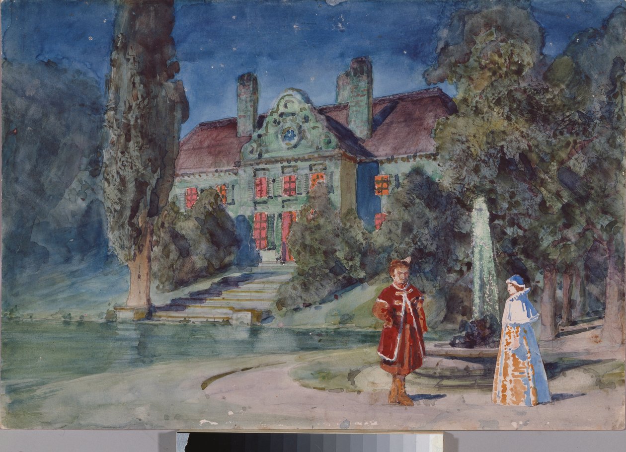 Forberedende dekor, en hage foran et hus, for operaen ""Boris Godounov"" av Modeste Moussorgsky (1839-1881) - Scenedesign for operaen Boris Godunov av Modeste Musorgsky - Verk av Vasili Dmitrievich Polenov (1844-1927) , akvarell og gouache på av Vasilij Dmitrievich Polenov