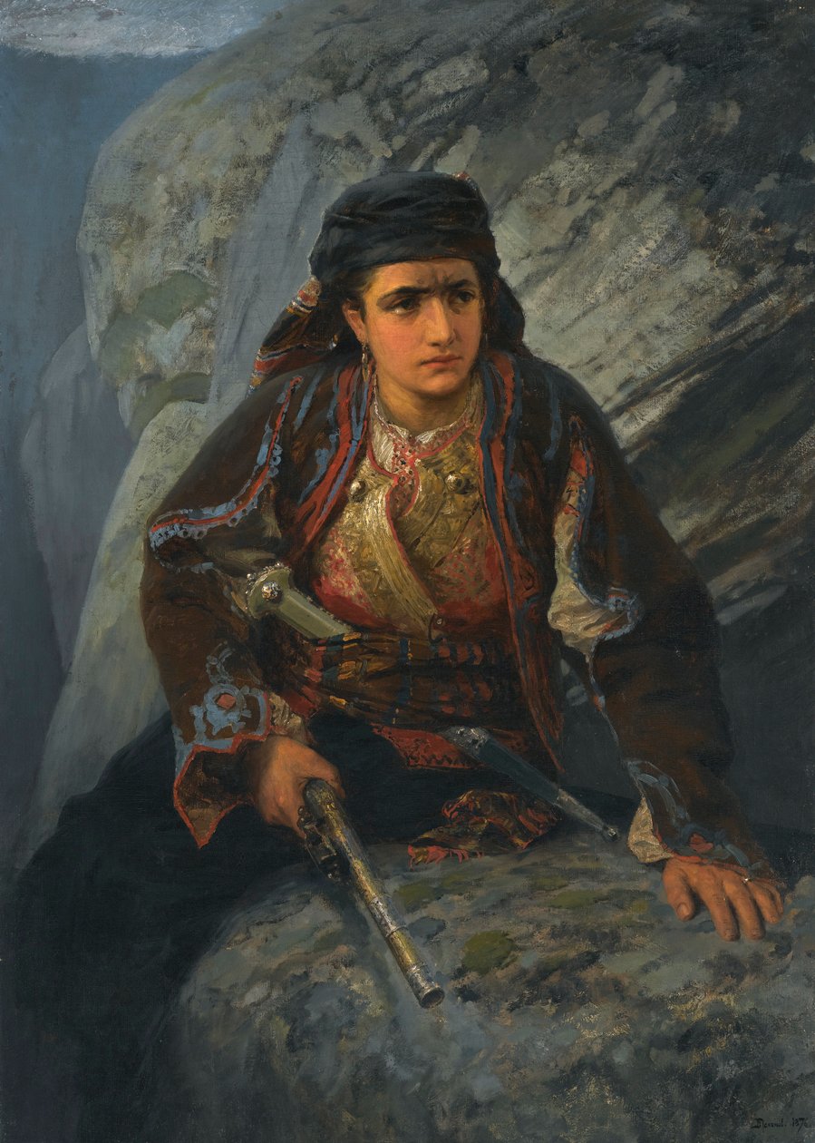 ""Le guet"" (Utkikksposten) Ung kvinne holder vakt med en pistol i hånden - Maleri av Vassili Polenov (1844-1927) av Vasilij Dmitrievich Polenov