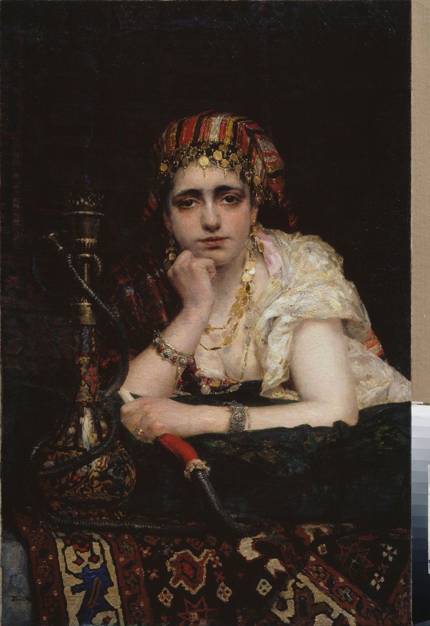 En odalisk. (Portrett av en haremskvinne, med et melankolsk blikk, som holder en vannpipe). Maleri av Vasili Dmitrievich Polenov (1844-1927), olje på lerret. Russisk kunst fra 1800-tallet, orientalisme. Nasjonalt kunstmuseum for den hviterussiske republikk av Vasilij Dmitrievich Polenov