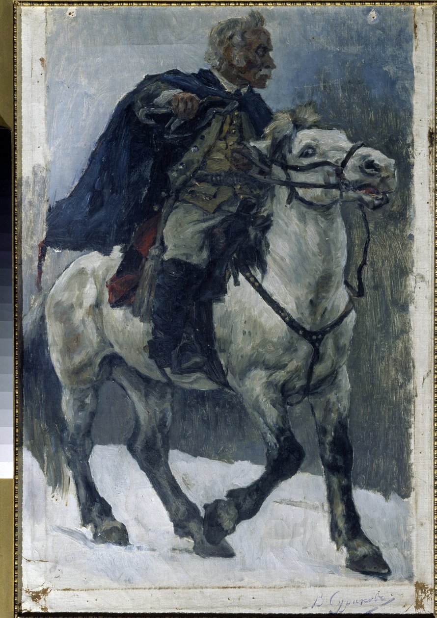 Alexander Suvorov (1729-1800) til hest. (Alexander Suvorov til hest). Den russiske helten beskrives mens han krysser Alpene, i spissen for russiske tropper, under det italienske felttoget (1799-1800). Maleri av Vasilli Ivanovich Surikov (Vasily Surik av Vasilij Ivanovic Surikov