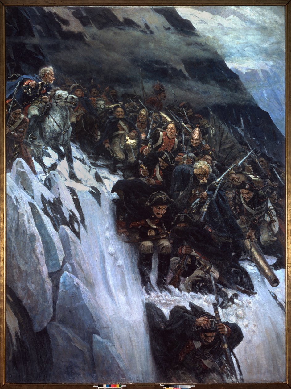 Italiensk kampanje (1799-1800): marsj av Alexander Suvorov (Suwarow eller Souwarow Rimniski eller Rimnitskoi) (1729-1800) og russiske tropper gjennom Alpene i 1799 - Mars av Suvorov gjennom Alpene i 1799 - Maleri av Vasily Ivanovich Surikov av Vasilij Ivanovic Surikov