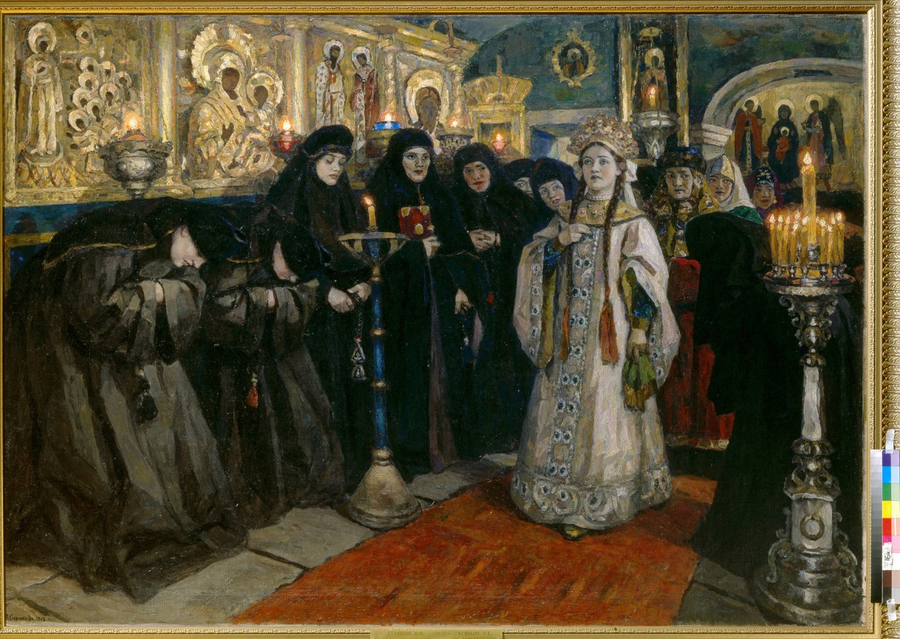 Storhertuginnen besøker et kloster. (Tsarevna besøkte et nonnekloster). Maleri av Vasilli Ivanovich Sourikov (Vasily Surikov eller Vasily Surikow) (1848-1916), olje på lerret av Vasilij Ivanovic Surikov