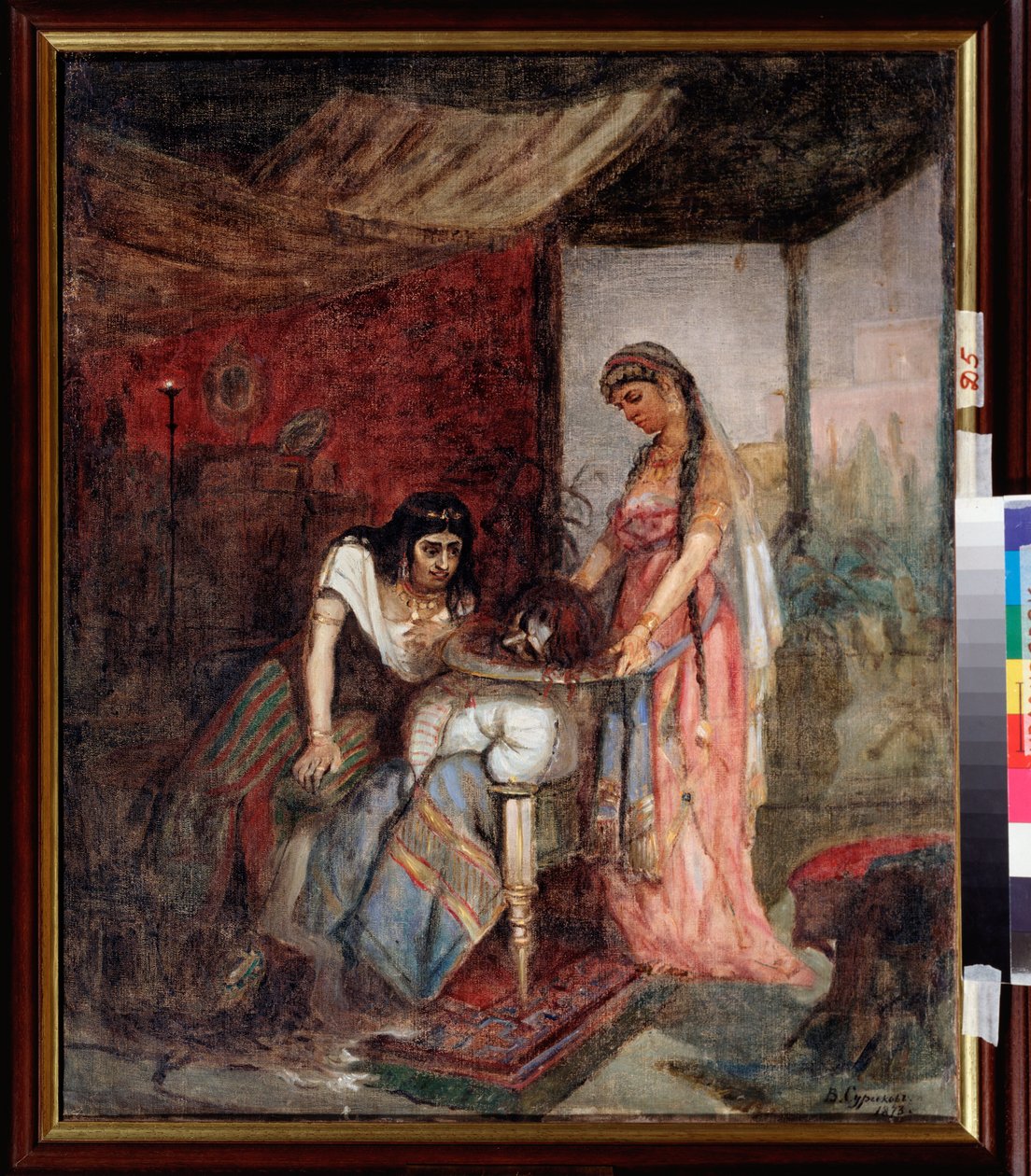 Salome (Den unge kvinnen bringer hodet til døperen Johannes til moren Herodiade på et brett) - Maleri av Vasilli Ivanovich Sourikov (Vasily Surikov eller Vassili Surikow) (1848-1916), olje på lerret av Vasilij Ivanovic Surikov
