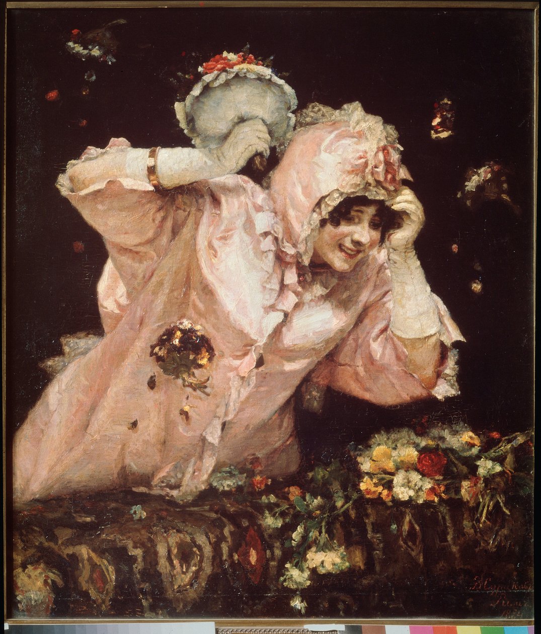Karnevalsscene i Roma (Italia) (En ung kvinne lener seg på en balkong, mottar og kaster blomsterbuketter) - Karnevalsscene i Roma - Maleri av Vasilli Ivanovich Surikov (Vasily Surikov eller Vassili Surikow) (1848-1916), olje på nett av Vasilij Ivanovic Surikov