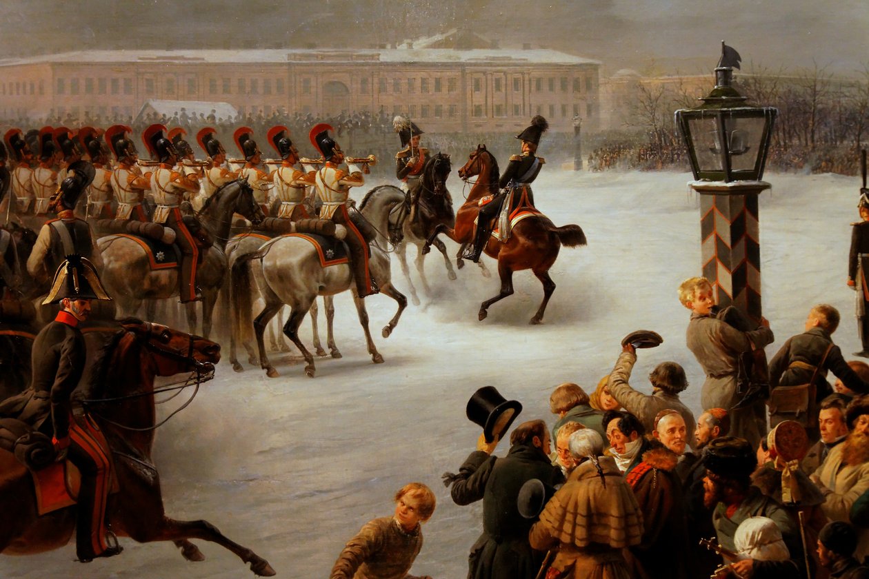 Angrep på torget til dekabristene av regimentet med monterte vakter 14. desember 1825 av Georg Wilhelm Timm