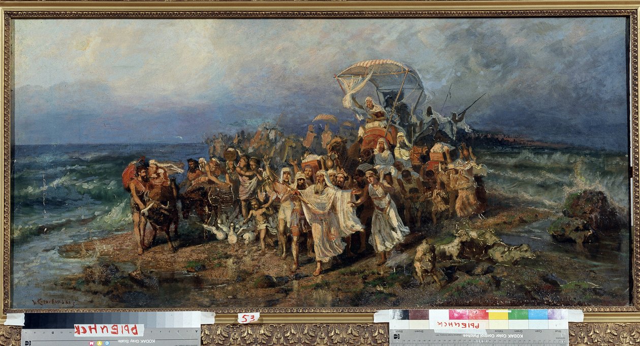 Israelittene krysser Rødehavet. Episode av utvandringen til Israels land av det jødiske folket, på flukt fra slaveri og hærene til faraoen i Egypt. Maleri av Vasily (Vasili, Vasilii, Wilhelm) Alexandrovich Kotar av Vasily Alexandrovich Kotarbinsky