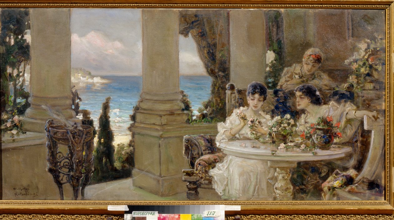 Sur la terrasse - Peinture de Vassili (Vasili, Vasilii, Wilhelm) Alexandrovich Kotarbinsky (Kotarbinski, Kotarbinskii) (1849-1921), huile sur toile - På terrassen, Olje på lerret av Vasilii Alexandrovich Kotarbinsky - Regionalt kunstmuseum, Kirovohrad av Vasily Alexandrovich Kotarbinsky