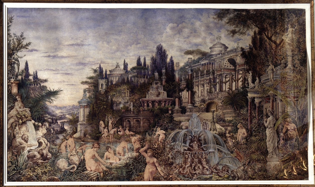 En orgie (En orgie). Feiringsscene foran gamle romerske palasser, som samler en dionysisk kortege av satyrer og bacchanter i badescener. Verk av Vassili (Vasili, Vasilii, Wilhelm) Alexandrovich Kotarbinsky (Kotarbinski, Kot av Vasily Alexandrovich Kotarbinsky
