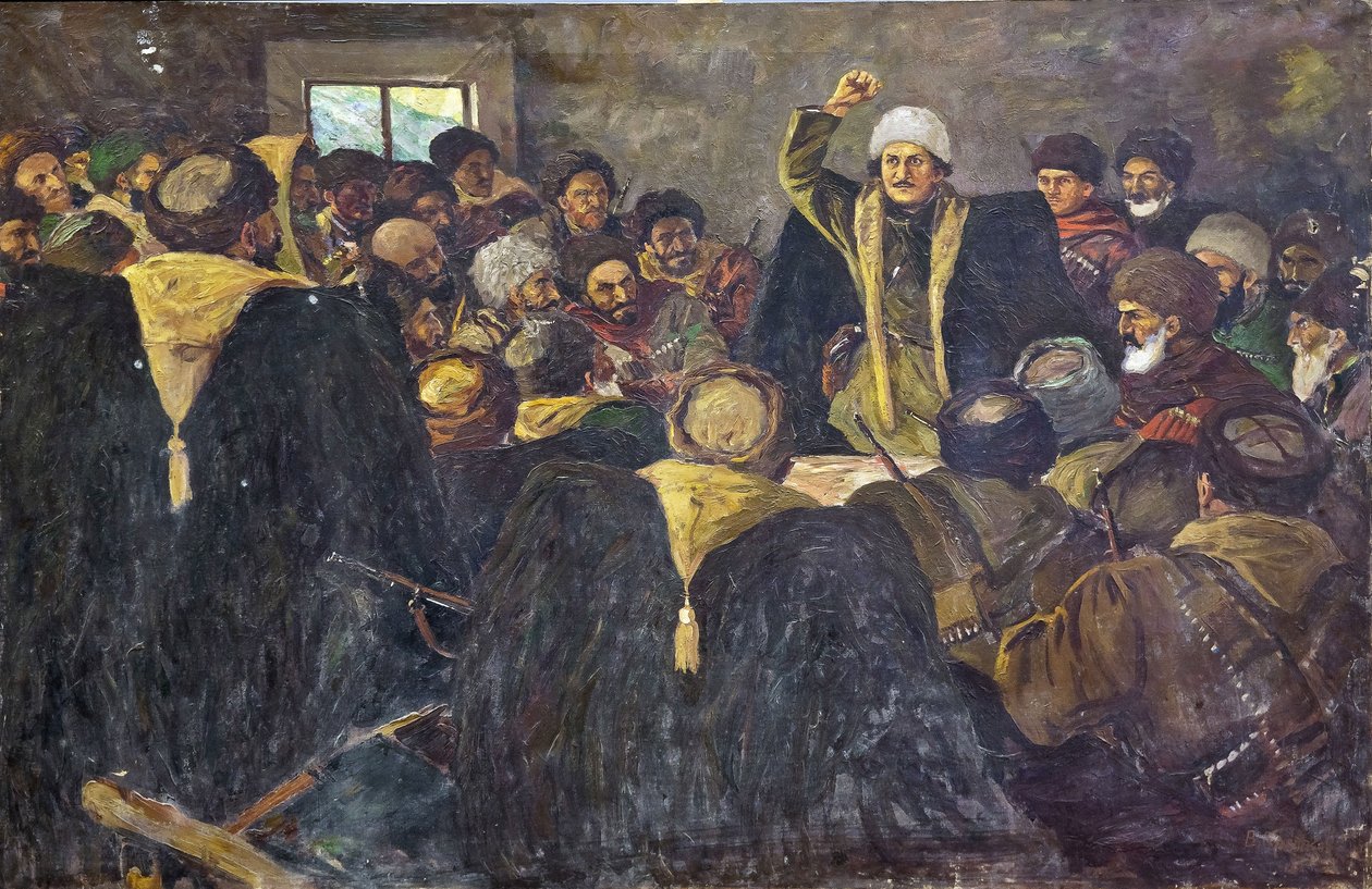 Grigory Konstantinovitch Ordjonikidze (1886-1937) - Sergo Ordzhonikidze i Nord-Kaukasus par Krotkov, Vasily Anfimovich (1880-1939). Olje på lerret, størrelse: 100x150 av Vasily Anfimovich Krotkov