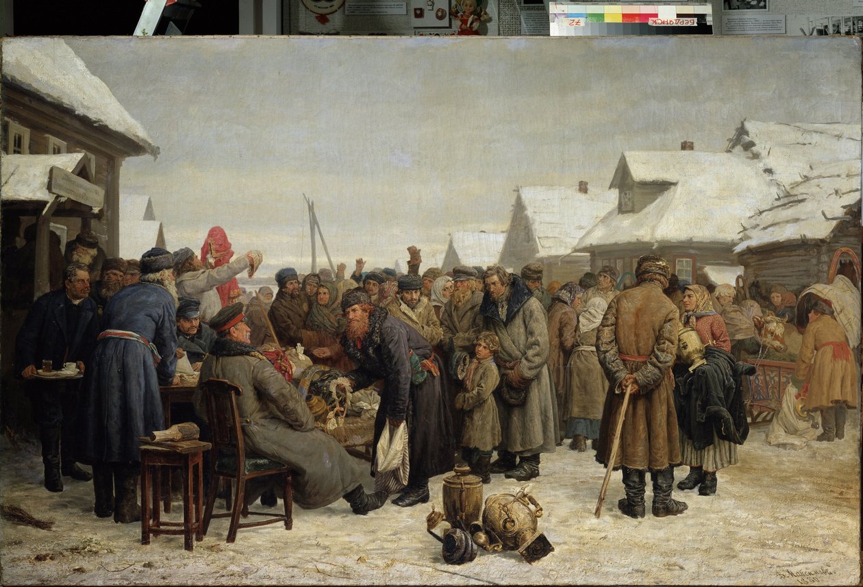 Offentlig auksjon over gjeldsrestanser. (Offentlig eiendomsauksjon for restanse). I en snødekt landsby legges husholdningsgjenstander ut for salg midt i gata. Uniformerte tjenestemenn organiserer og fører tilsyn med gjennomføringen av av Vasily Maximov