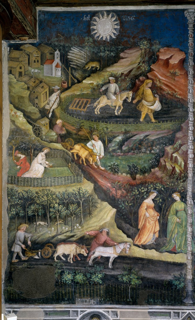 april: pløying og såing av åker. Jordbruksscene med plog, harv og landbruksredskap på landsbygda. Maleri av Månedens Mester eller Mester Wenceslas (Maestro dei Mesi eller Maestro Wenceslao på italiensk, begynnelsen av 1400-tallet) r av Venceslao Maestro