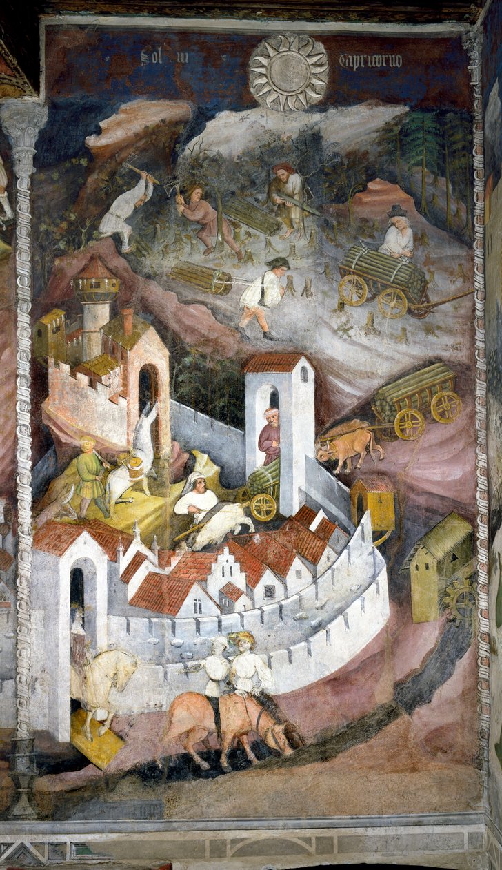 Desember: tømmerhuggerne samler veden og bringer den tilbake til byen Trento hvor muren og slottet Buonconsiglio er representert. Maleri av Månedens Mester eller Mester Wenceslas (Maestro dei Mesi eller Maestro Wenceslao på italiensk, begynner av Venceslao Maestro