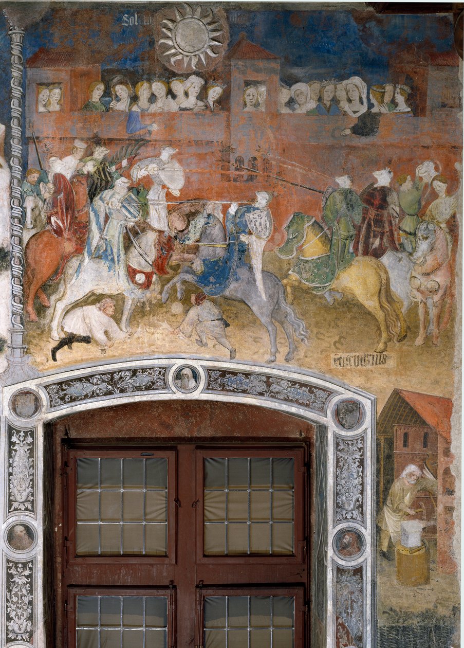 Februar måned: ridderturnering med tilskuere. Maleri av Månedens Mester eller Mester Wenceslas (Maestro dei Mesi eller Maestro Wenceslao på italiensk, begynnelsen av 1400-tallet) restaurert av Marcello Fogolino rundt 1535. Fresco. Trento, av Venceslao Maestro