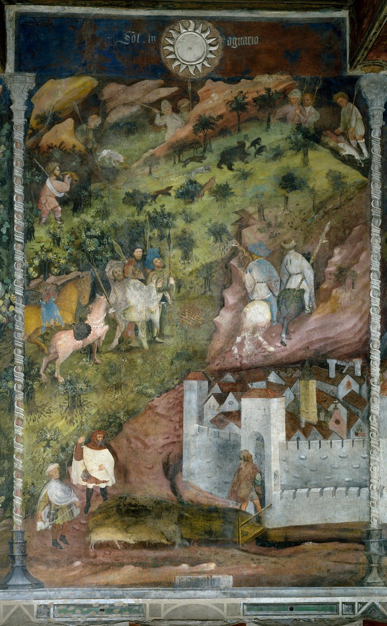 November måned: vinteraktiviteter. Griseoppdrettere drar tilbake til byen og jegere drar på bjørnejakt. Maleri av Månedens Mester eller Mester Wenceslas (Maestro dei Mesi eller Maestro Wenceslao på italiensk, begynnelsen av 1400-tallet) restaurert av Marce av Venceslao Maestro