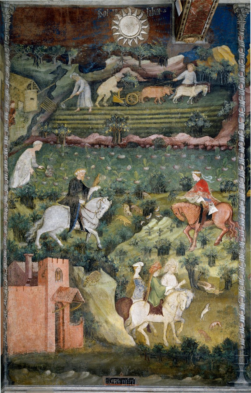 September: Falkejakt og markpløying. Landbruksscene med vogn trukket av okser og landbruksredskaper. Maleri av Månedens Mester eller Mester Wenceslas (Maestro dei Mesi eller Maestro Wenceslao på italiensk, begynnelsen av 1400-tallet) resto av Venceslao Maestro