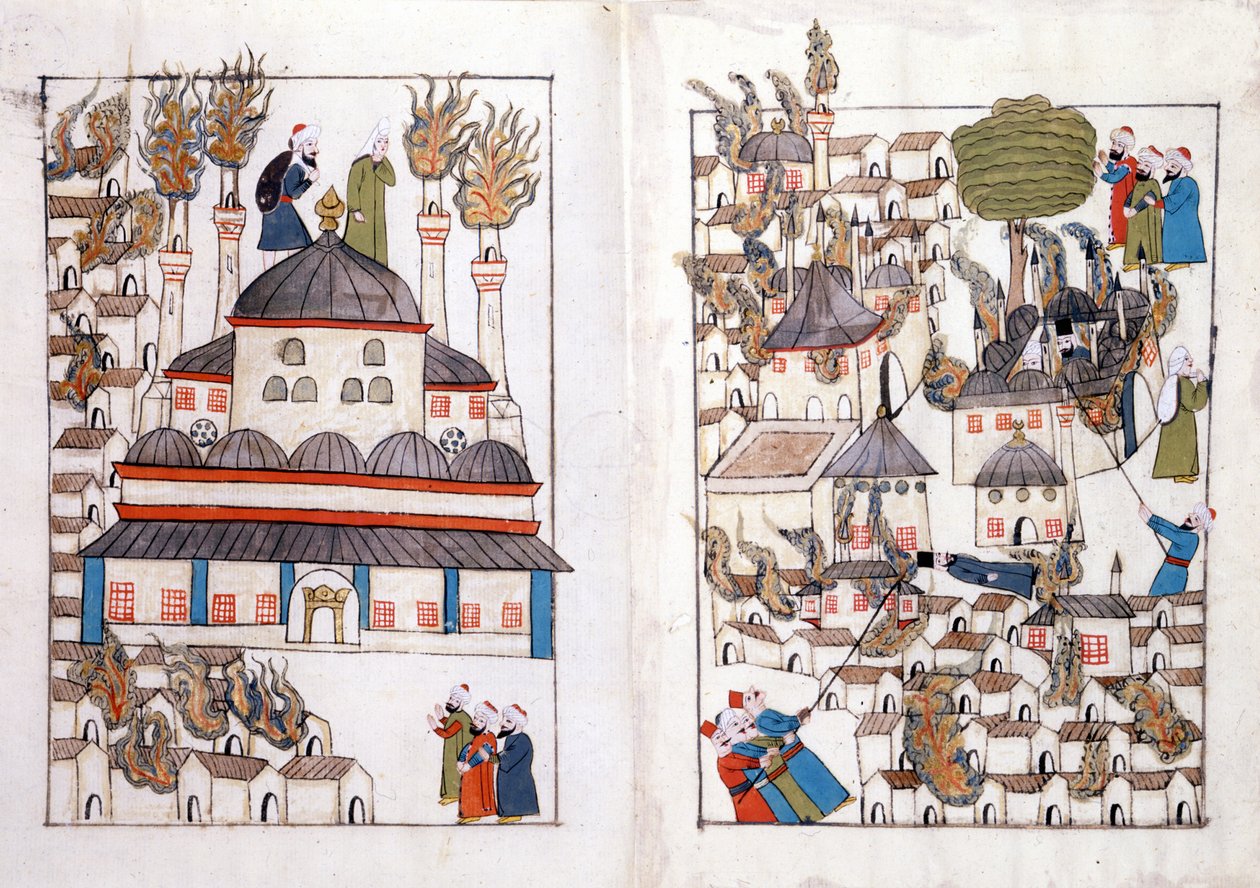 En brann i Konstantinopel i 1660. Miniatyr fra “” Turkish Memorials”” (kodeks Cicogna 1971 “Memorie Turchesche”) Akvarell fra 1600-tallets venetianske skole. av Venetian School