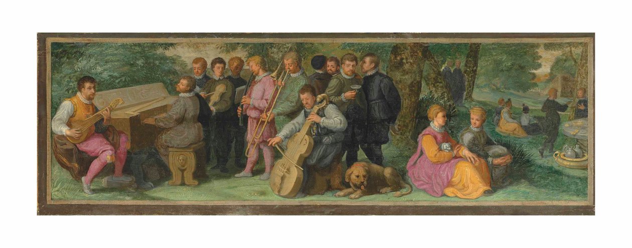 En pastoral konsert, med elegante figurer som spiller en cittern, en clavichord, en fiolin, en kornett, en trombone og en violoncello (olje på panel) av Venetian School