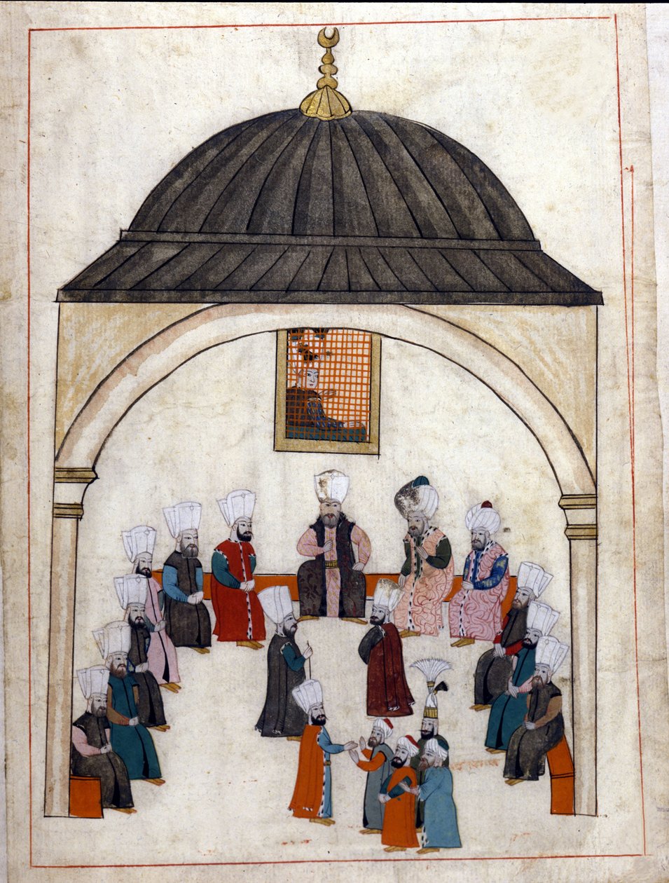 Administrasjon under det osmanske riket: en høring ledet av Grand Vizir. Miniatyr fra "" Turkish Memorials"" (kodeks Cicogna 1971 "Memorie Turchesche") Akvarell fra 1600-tallets venetianske skole. av Venetian School
