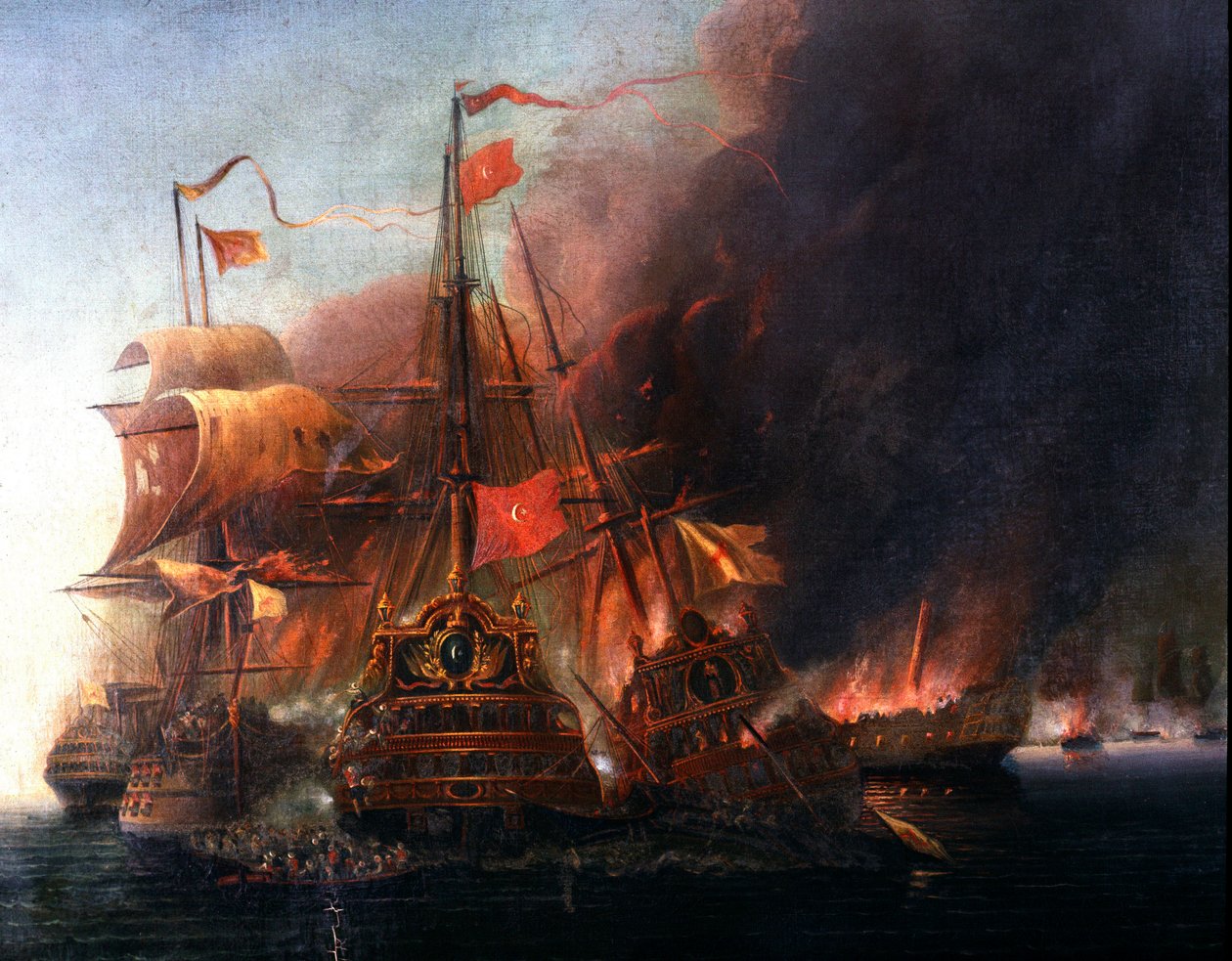 Kamp mellom de osmanske flåtene og de venetianske flåtene utenfor Famagusta under beleiringen av Kypros i 1570 Maleri av den venetianske skolen på 1500-tallet. Istanbul, Sjøfartsmuseet av Venetian School