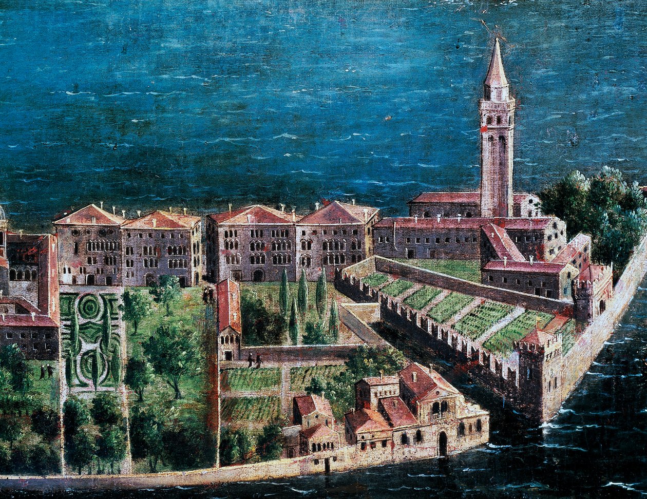 Hage ved siden av Forløserkirken, detalj fra fugleperspektiv av Venezia, maleri av den venetianske skolen, Italia av Venetian School