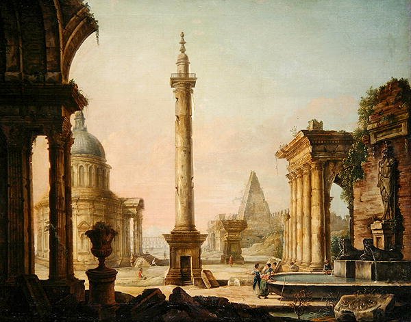 Imaginary View with Column Monument (olje på lerret) av Venetian School