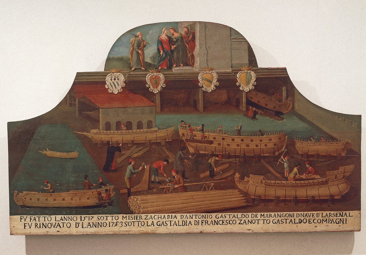 Skilt til skipssnekkerlauget i Arsenale i Venezia av Venetian School