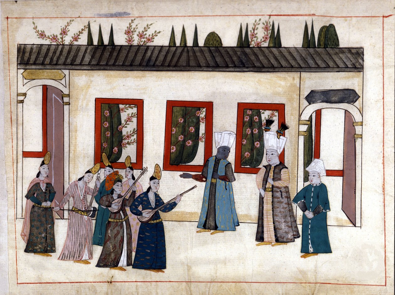 Sultanen besøker favoritten sammen med moren og høvdingen for evnukkene. Miniatyr fra "" Turkish Memorials"" (kodeks Cicogna 1971 "Memorie Turchesche") Akvarell fra 1600-tallets venetianske skole. av Venetian School