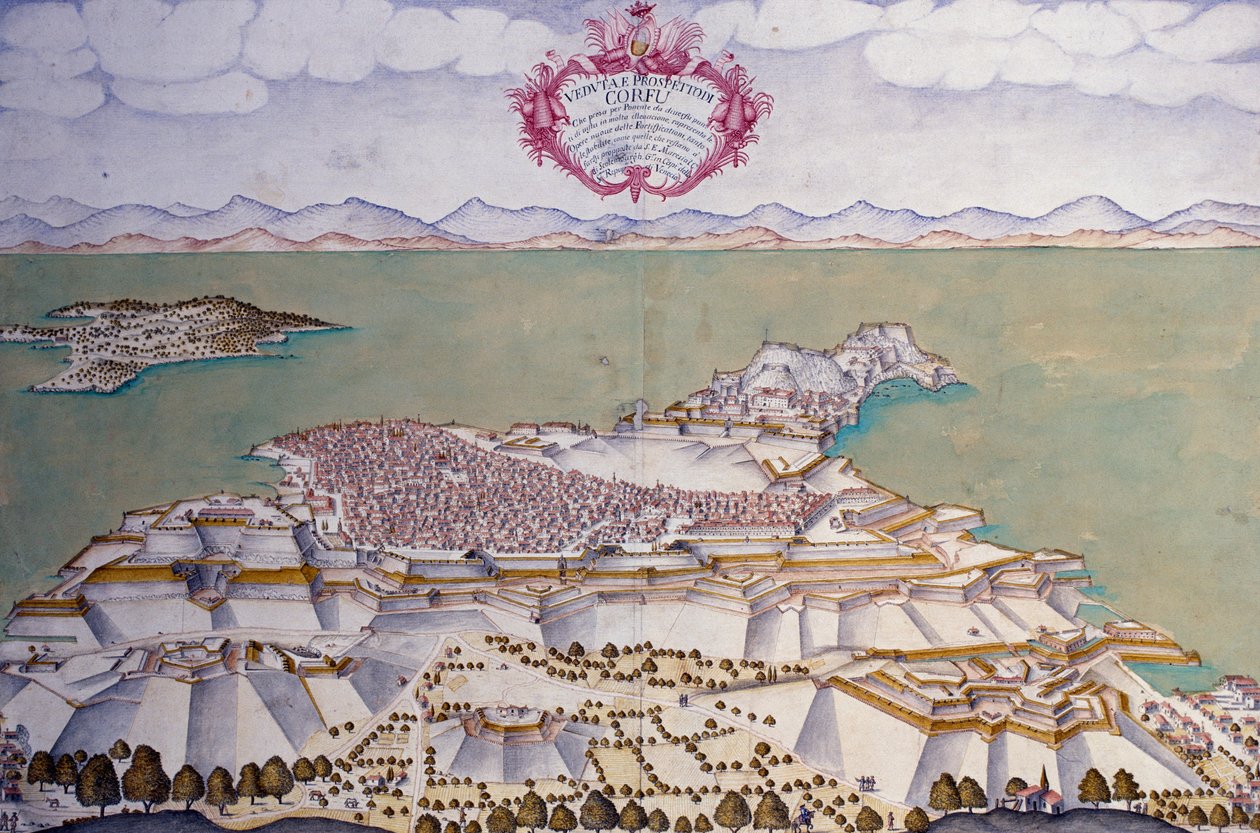 Byplan for Korfu med sine festningsverk, venetiansk statsarkiv av Venetian School
