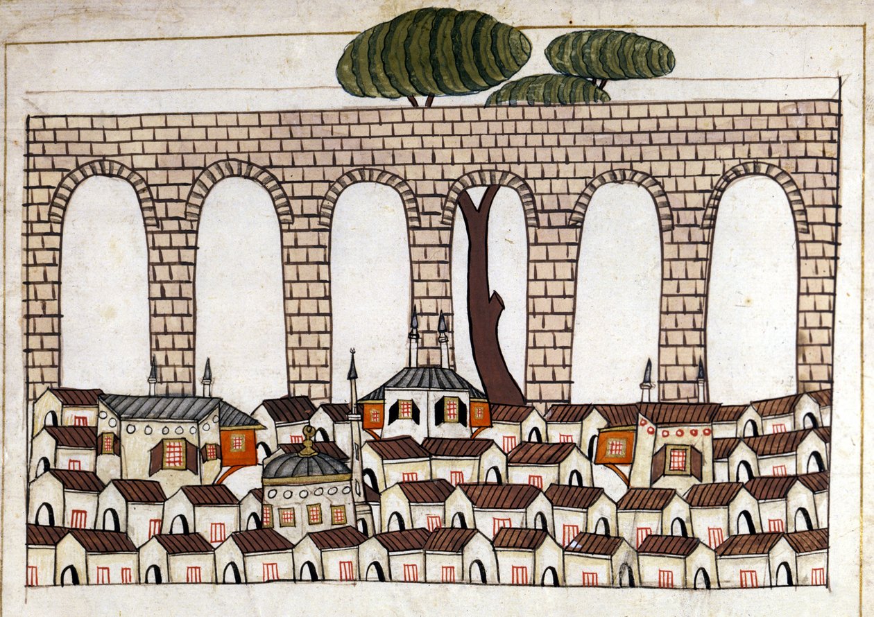 Utsikt over Konstantinopel og dens akvedukt. Miniatyr fra "" Turkish Memorials"" (kodeks Cicogna 1971 "Memorie Turchesche") Akvarell fra 1600-tallets venetianske skole. av Venetian School