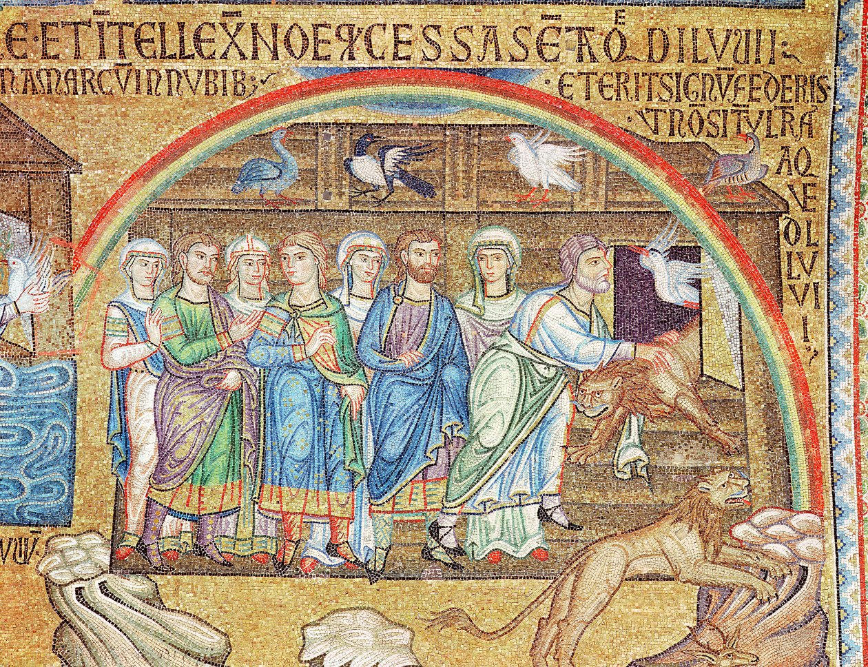 Flommen, fra Atrium, detalj av Noah som slipper dyrene ut av arken (mosaikk) av Byzantine School
