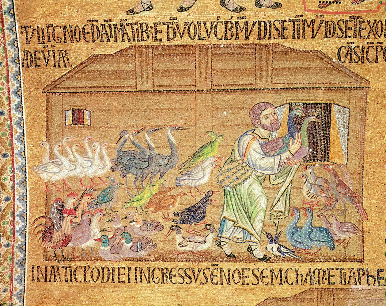 Flommen, fra Atrium, detalj av Noah som setter fugler på arken (mosaikk) av Byzantine School