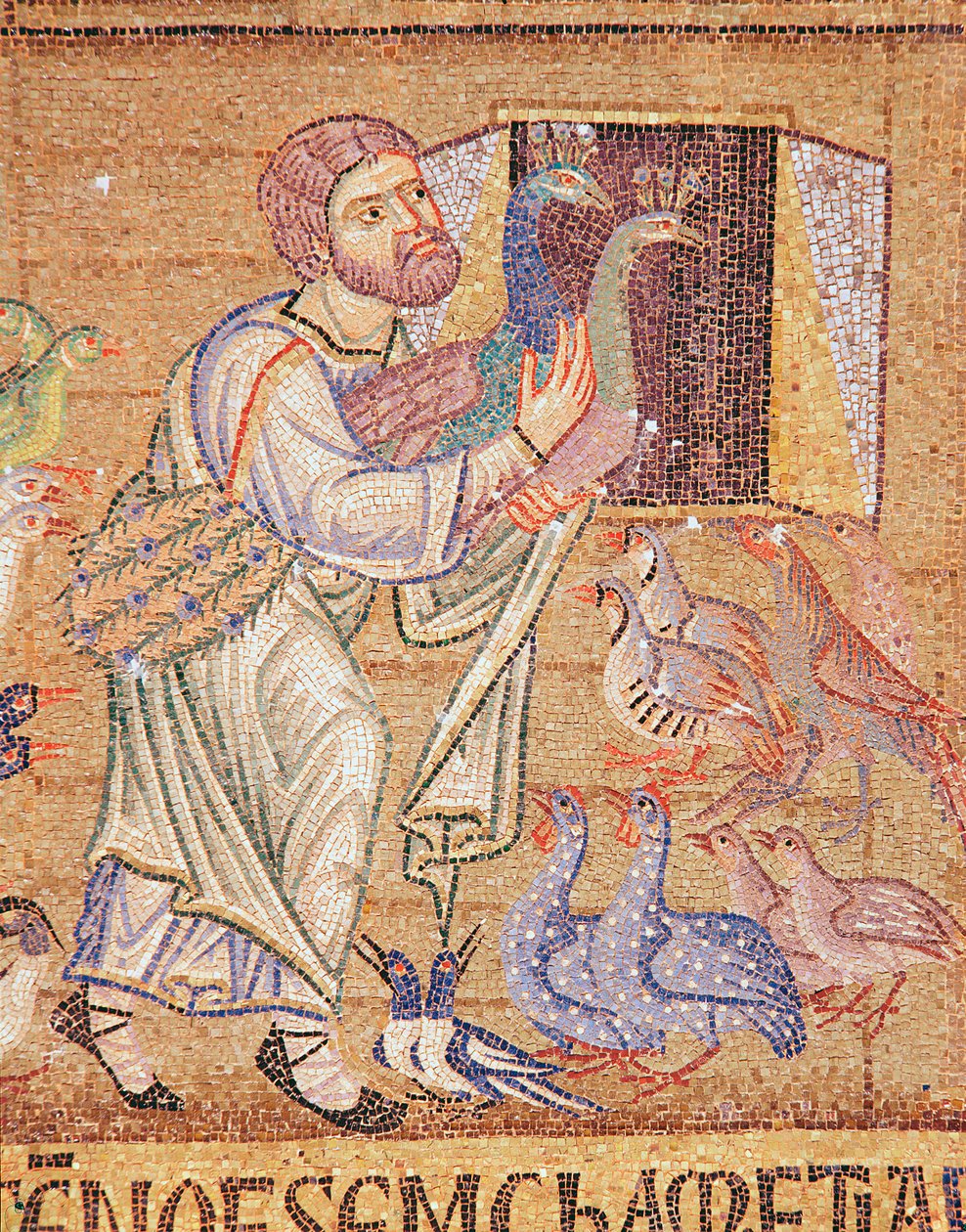 Flommen, fra Atrium, detalj av Noah som setter påfugler på arken (mosaikk) av Byzantine School
