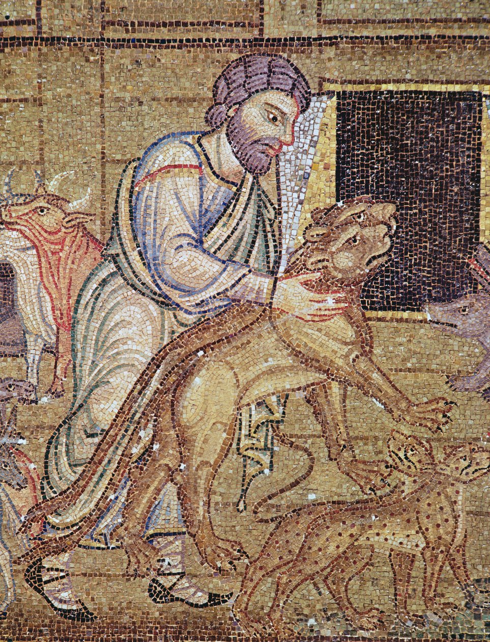 Flommen, fra Atrium, detalj av Noah som setter ville dyr på arken (mosaikk) (detalj av 249414) av Byzantine School