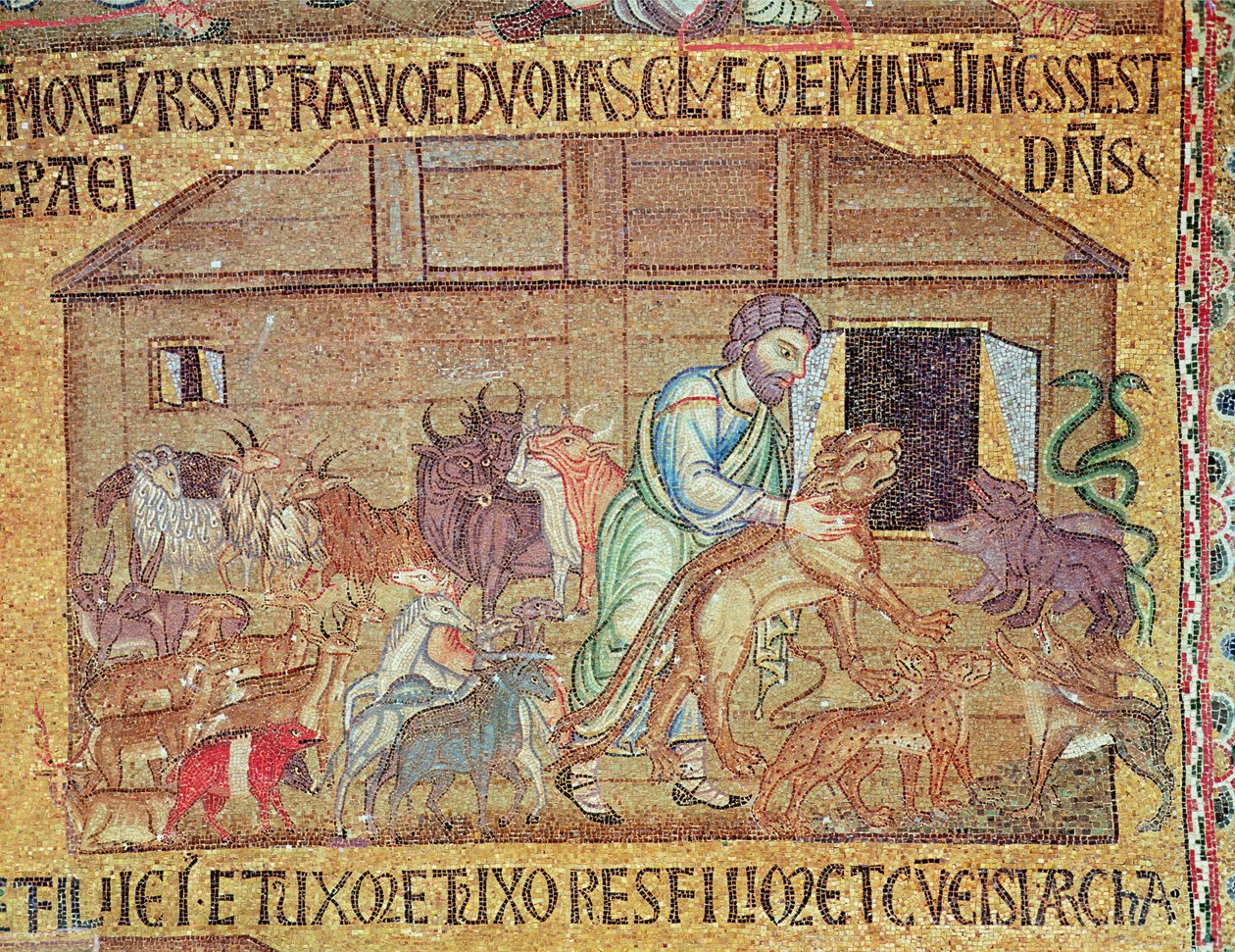 Flommen, fra Atrium, detalj av Noah som setter ville dyr på arken (mosaikk) av Byzantine School