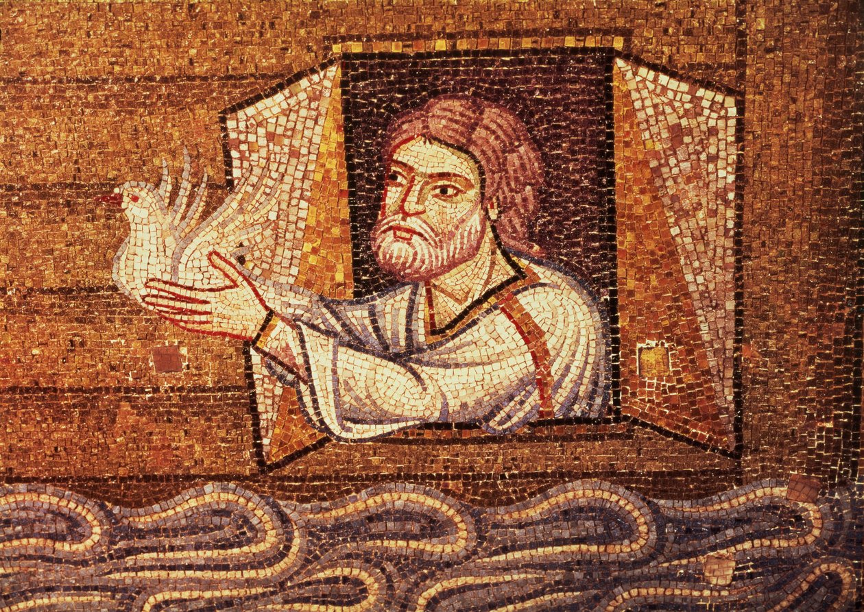 Flommen, fra Atrium, detalj av Noah som slipper den hvite duen (mosaikk) av Byzantine School