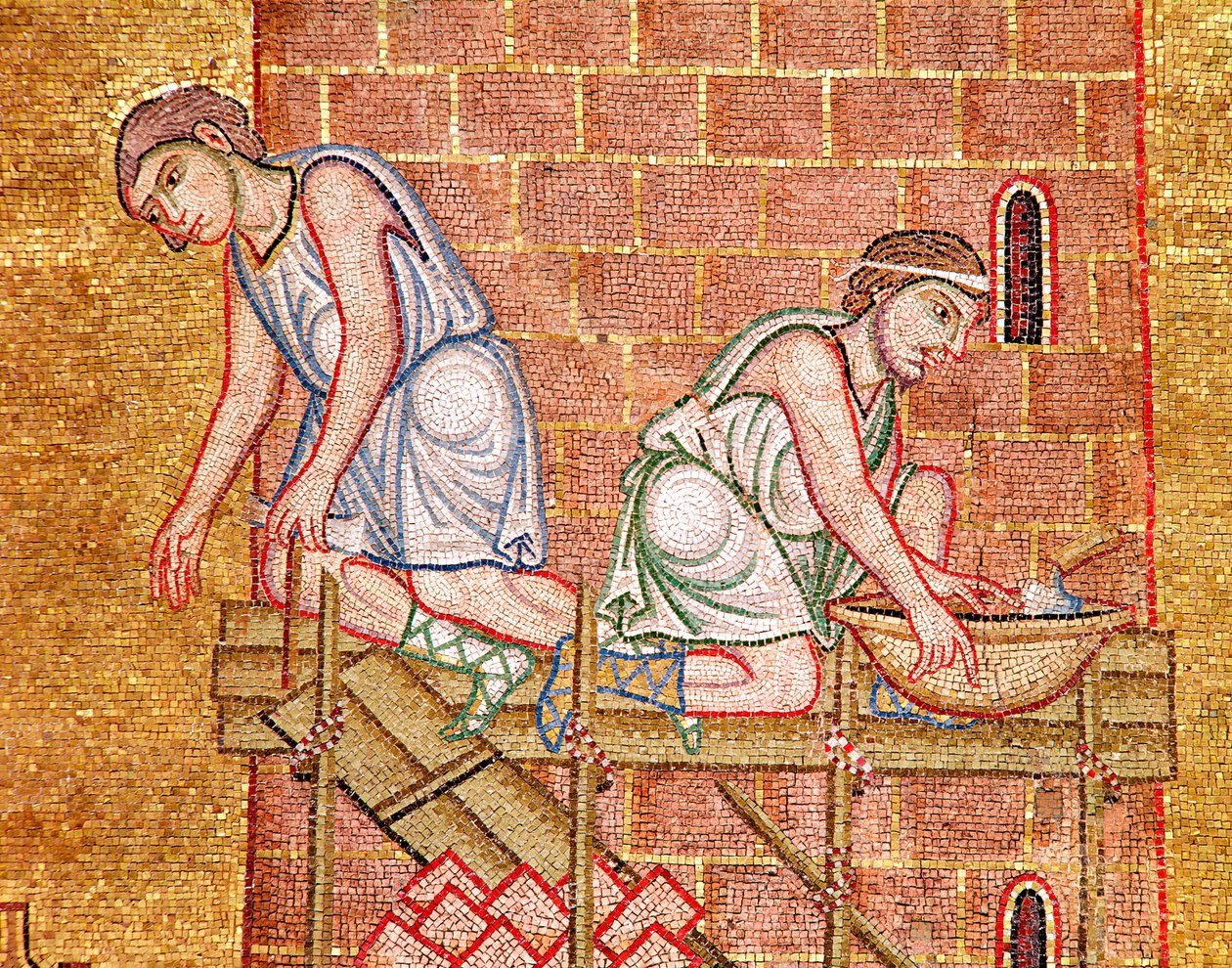 Babelstårnet, fra Atrium, detalj av to byggere (mosaikk) av Byzantine School