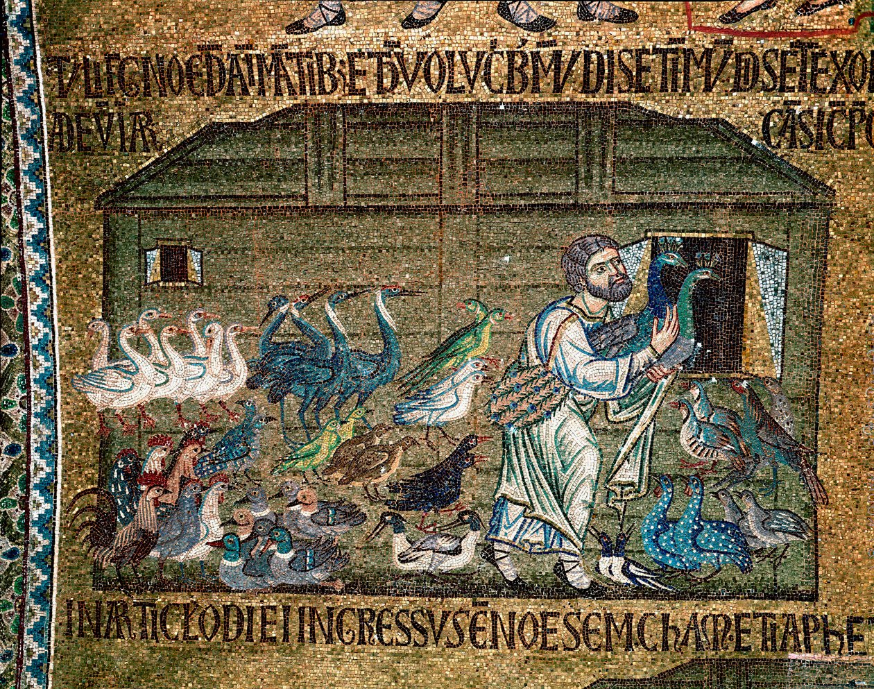 Bysantinsk arkitektur: "" Noe bringer dyrene inn i arken før syndfloden"""" mosaikk laget av venetianske kunstnere Basilica di San Marco fra 1200-tallet (Basilica di San Marco), Venezia av Veneto Byzantine School