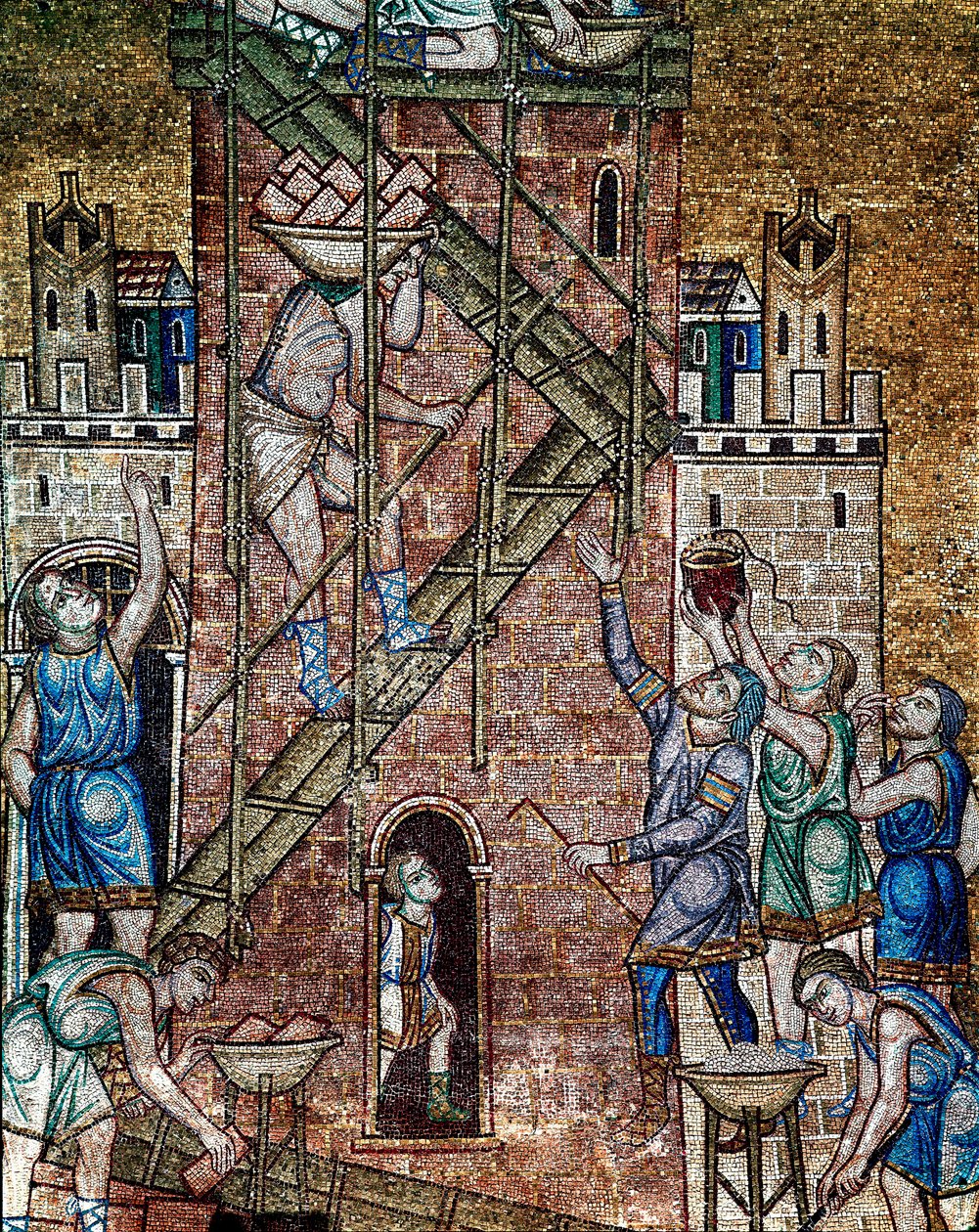 Bysantinsk arkitektur: "" konstruksjonen av Babelstårnet""" På stedet legger arbeidernes maconer, montert på stillaser, steinene til tårnet. Mosaikk laget av venetianske kunstnere Basilica di San Marco fra 1200-tallet (St. Markus basilika), Venezia av Veneto Byzantine School