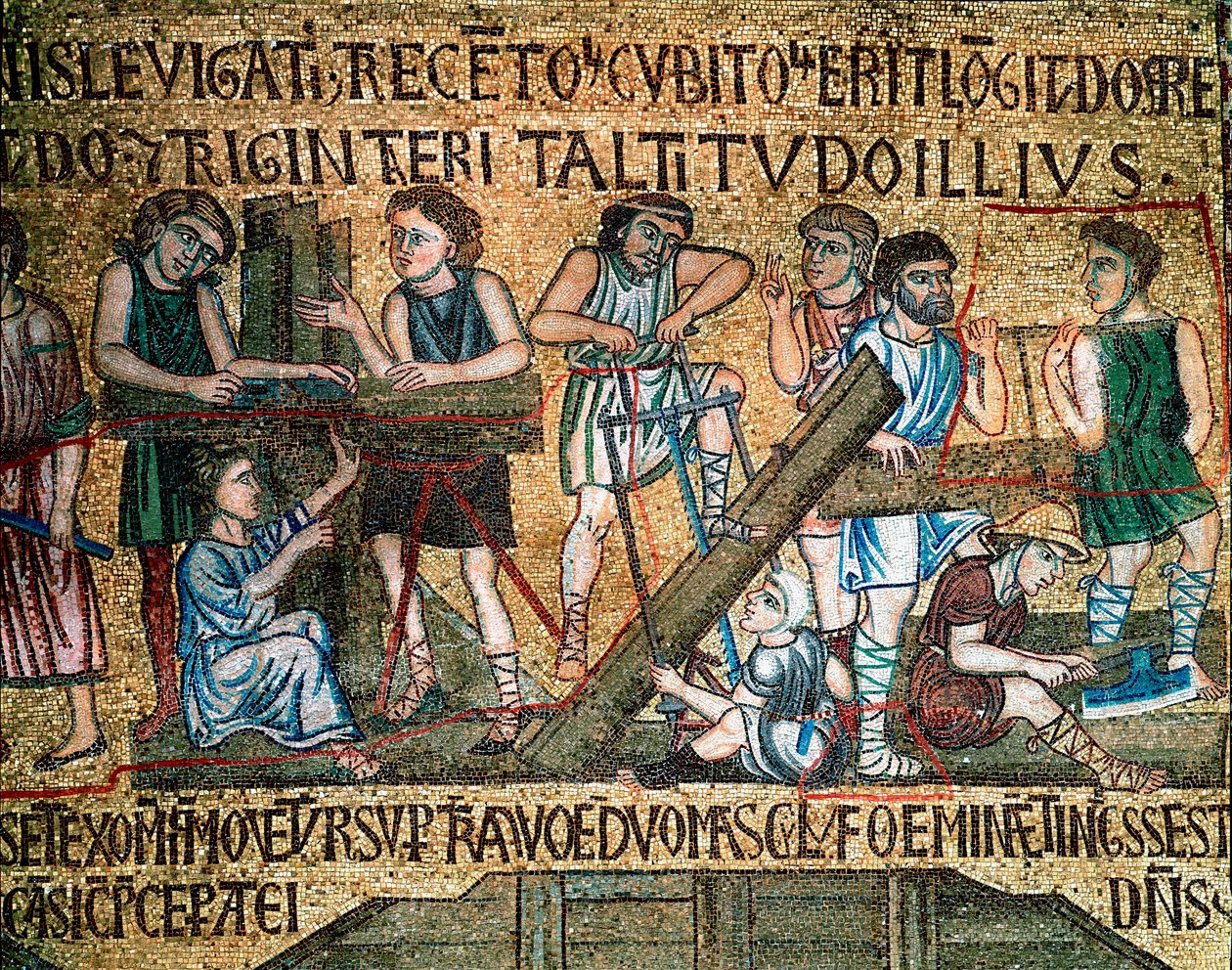 Bysantinsk arkitektur: "" konstruksjonen av Babelstårnet"" På stedet så arbeidere og snekkere brett. Mosaikk laget av venetianske kunstnere Basilica di San Marco fra 1200-tallet av Veneto Byzantine School