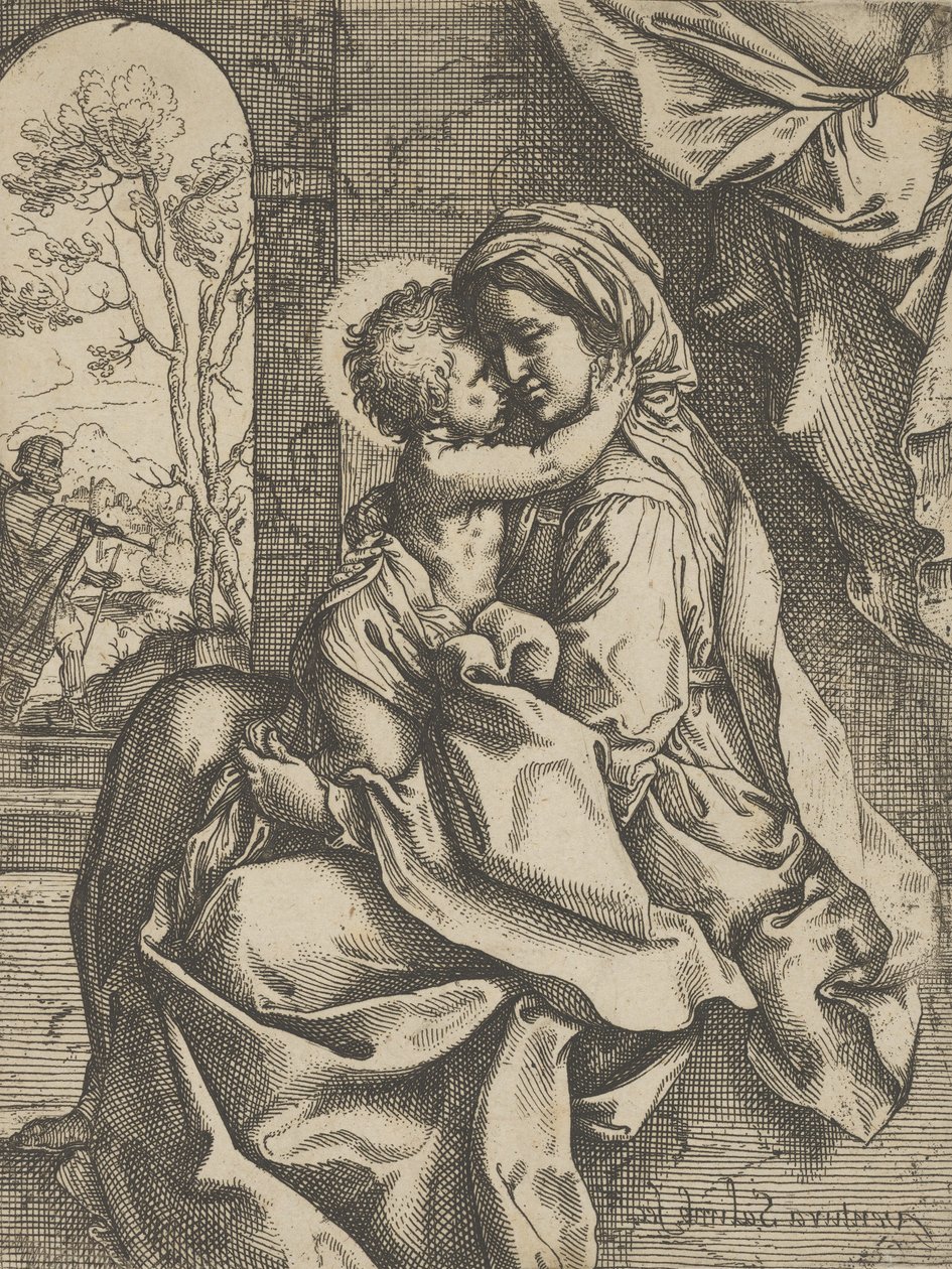 Jomfruen satt med Kristusbarnet på fanget og omfavnet henne, Joseph så..., ca. 1600-1613. av Ventura Salimbeni